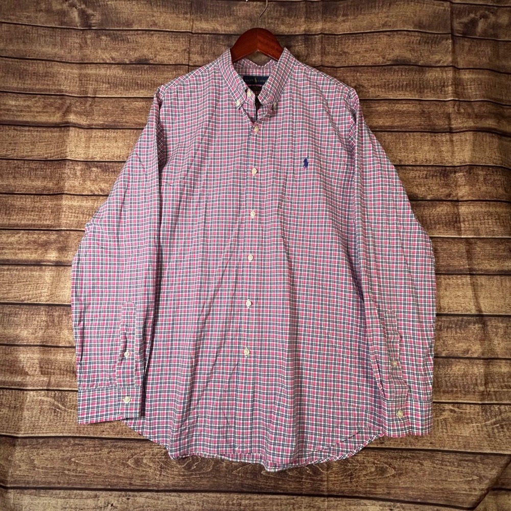 Ralph Lauren Mens Slim Fit Plaid Button Down Shirt XL Pink Blue Cotton Stretch